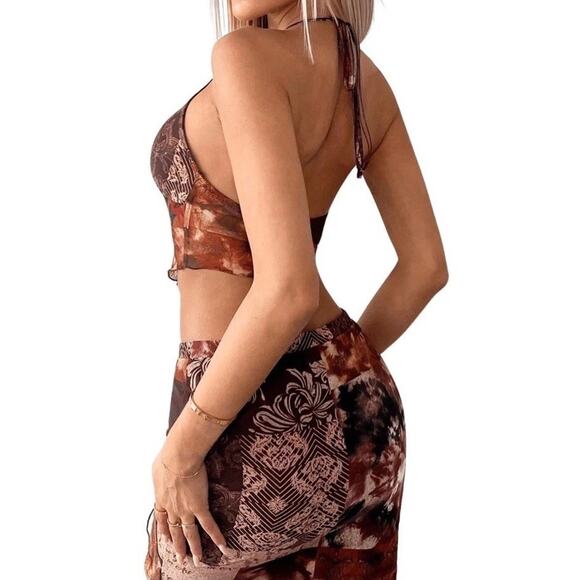 Women's 2pc Boho Western Tie Dye Backless Top & Split Thigh Skirt Outfit - Picture 10 of 16